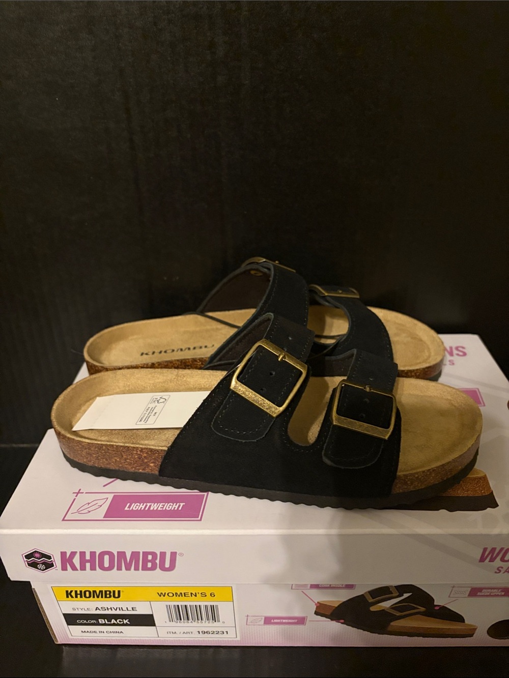 Khombu Black Suede Double-Buckle Slides with Gold Buckles